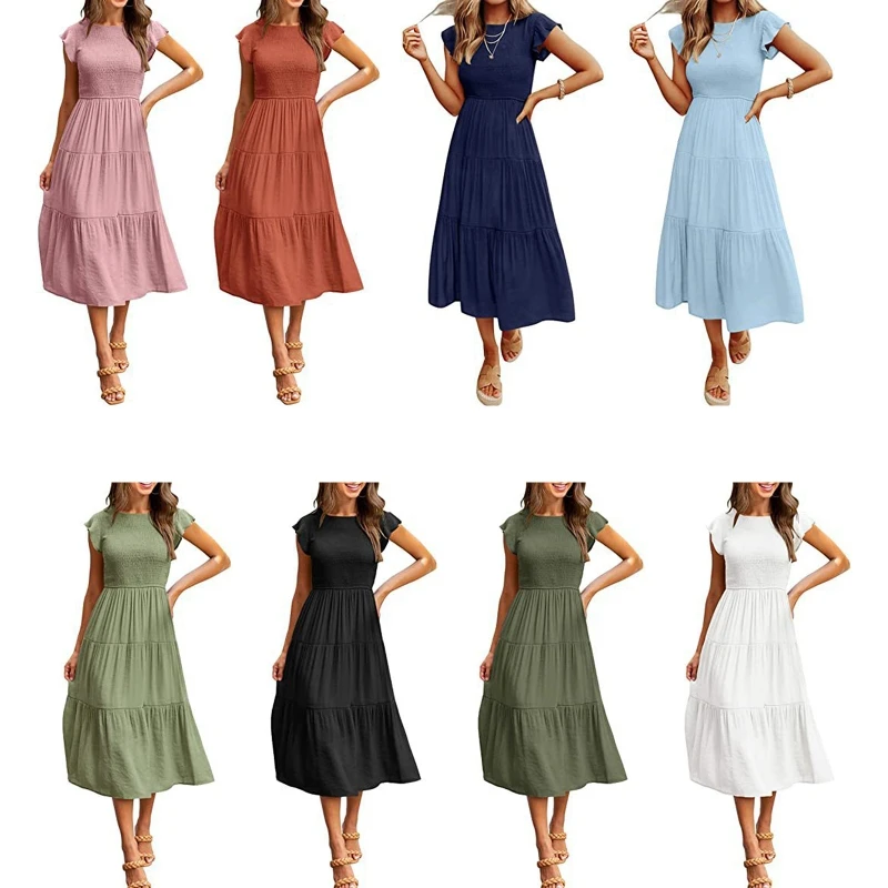 

Summer Midi Dress Women Ruffled Sleeve Elastic Waist Tiered Slim Long Dress Korean for Party Club Dating Beach Vacation