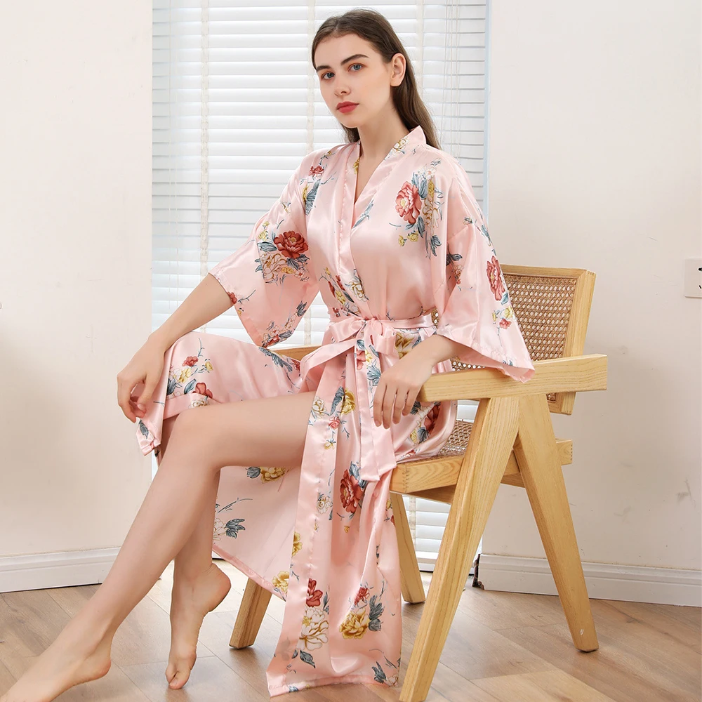 

Long Printing Robe Bridesmaid Gift Ice Silk Nightgown Kimono Homedress Dressing Gown Cardigan Bathrobe Home Dress Kimono