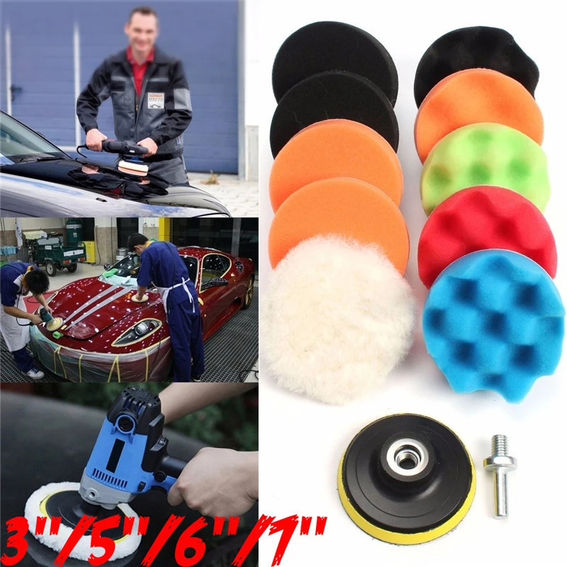 

11Pcs Car Polishing Pad Kit 3/5/6/7 Inchs Car Sponge Buffing Waxing Pad Abrasive Polisher Drill Adapter Wheel Polishing Tool