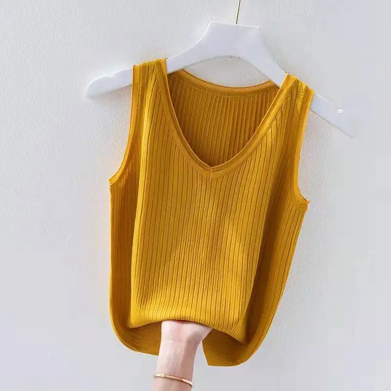 

YEMOGGY Ice Silk Camisole Vest Inside Women's Summer Vest Outside Wear Sexy Slings Solid Sleeveless V-Neck Knitted Tanks Tops