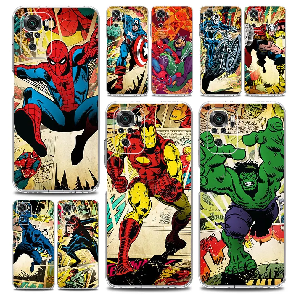 

Disney Comics Iron Man Spiderman Phone Case For Xiaomi Redmi Note 11 9S 9 8 10 Pro 7 8T 9C 9A 8A K40 Pro 11T 5G Soft Clear Cover