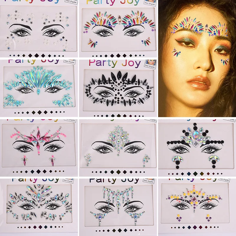 3D Sexy Face Tattoo Stickers Face Jewels Glitter Diamond Crystal Temporary Fake Tattoo  Rhinestones for Women Party Stage Tattoo