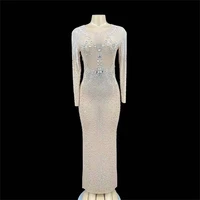 nude shining crystal rhinestones tassel sexy women dress evening party clothing stage singer dance perform costumes