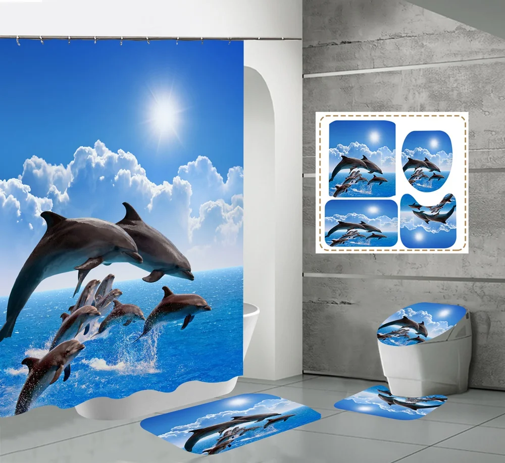 octopus shower curtain set ocean animal landscape waterproof bath curtains starfish blue rug toilet lid cover bathroom mat home free global shipping