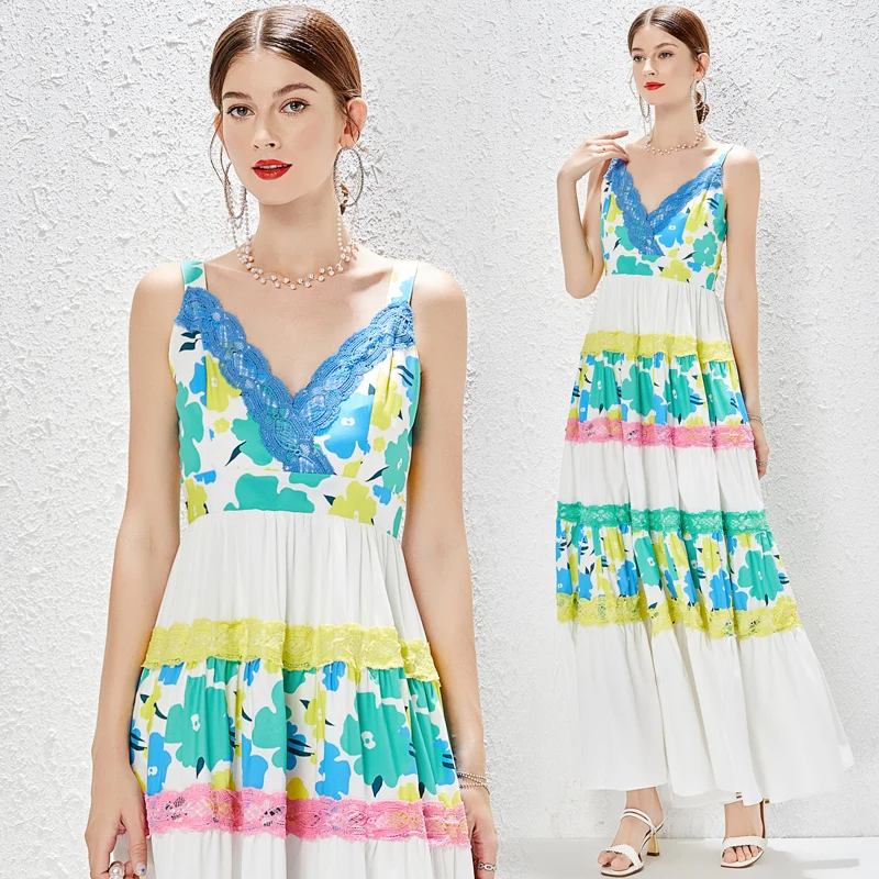

Women's Dresses Fashion Patchwork Print Spaghetti Strap High Waist Design And Color Qi Yards Dress Dropshipping