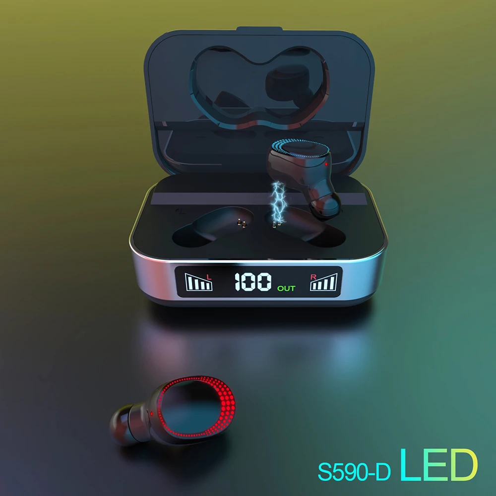mdug tws s590 d bluetooth headset hifi waterproof digital display wireless earbuds travel sports emergency charging treasure free global shipping