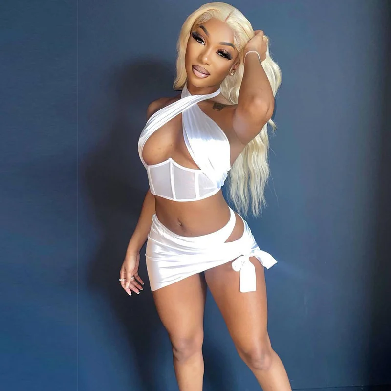 

WUHE Sexy Club Party 2 Piece Dress Sets 2022 Summer Rave Clothes Two Piece Set Women Satin Crost Top and Mini Skirts Suit