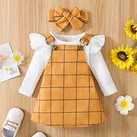 toddler girls 3pcs outfits kids baby autumn clothing cute white ribbed long sleeves sweater topsplaid suspender dresshairband