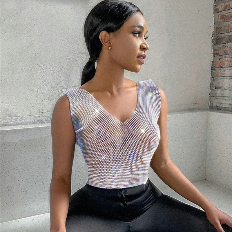 

Rhinestone Mesh Body Chains Hollow Tank Tops Bikini Cover Up Crop Top Party Body Jewelry Accessories for Women and Girls