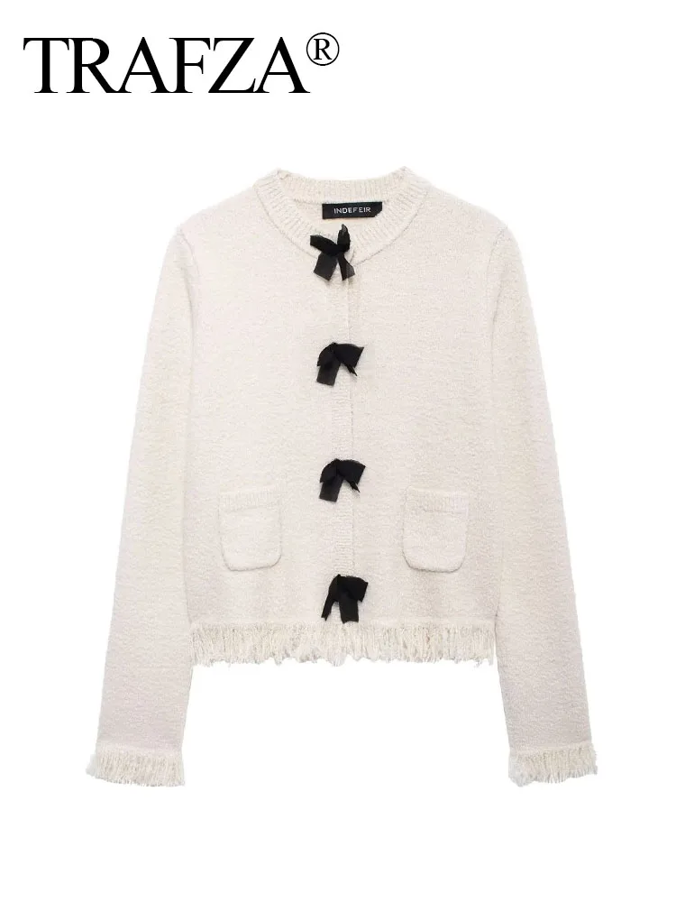 TRAFZA 2024 женский кардиган с кисточками однотонный бежевый однобортный осенний