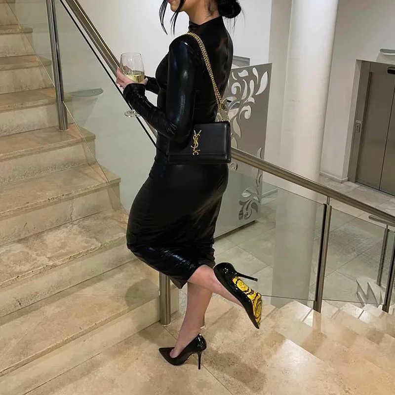 Black Midi Bodycon Dress Sexy Women Turtleneck Long Sleeve Pu Leather Party Dresses Club Elegant Autumn Winter