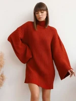 winter women turtleneck knitting sweater flare sleeve solid color casual loose dresses female pullovers elegant ladies clothes