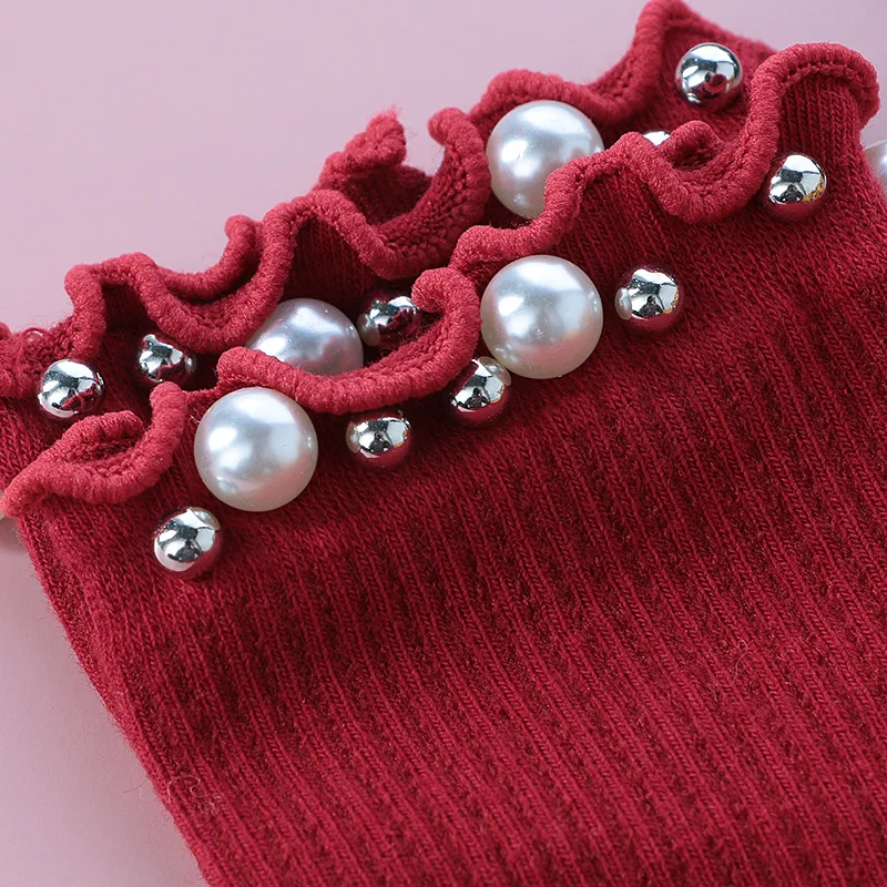 Autumn and Winter Socks New Japanese Ear Edge Beaded Socks Women's Solid Medium Socks Casual Pearl Vintage Fashion Cute Socks
