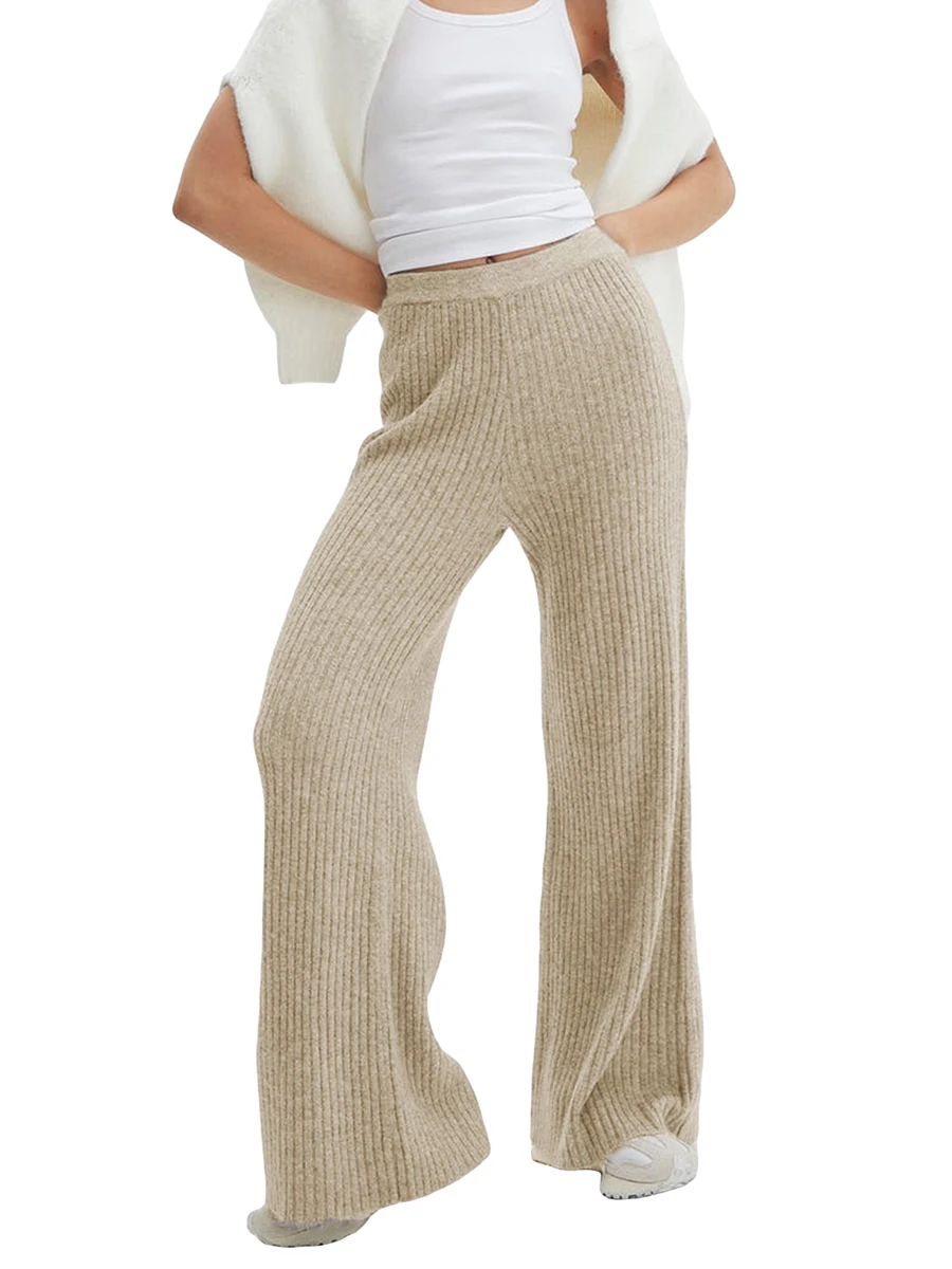 Womens Solid Rib Knit Wide Leg Pants Elastic Waist Tie Front Wide Leg Sweater Pants Long Palazzo Lounge Trousers