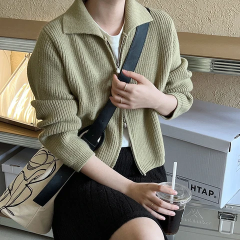 2024, женский вязаный свитер с отложным воротником, две молнии, короткие кардиганы с длинными рукавами, одежда, топы для женщин, свитер
