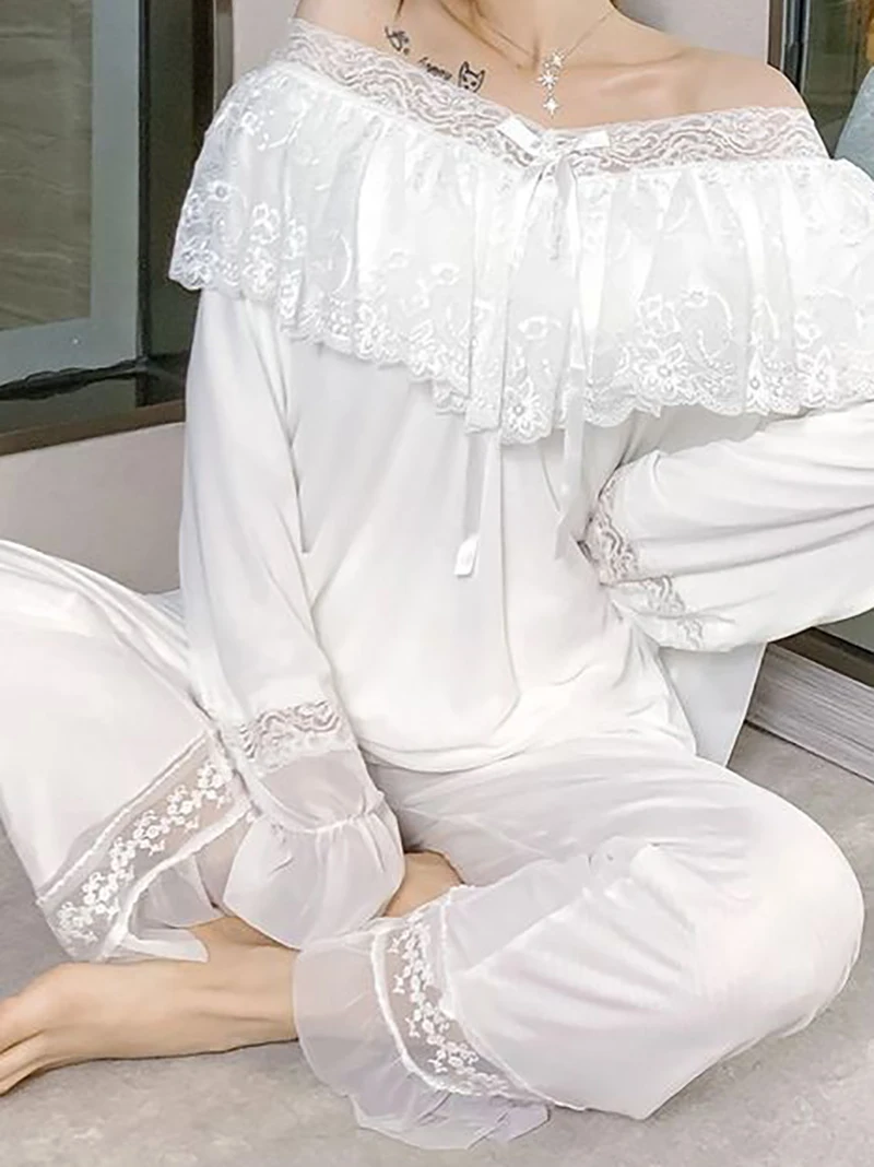 

Женские весенние пижамы в викторианском стиле с волшебными оборками из модала и кружева, домашняя одежда, костюмы из двух частей, винтажные ночные рубашки в стиле "Лолита" для принцессы, одежда для сна