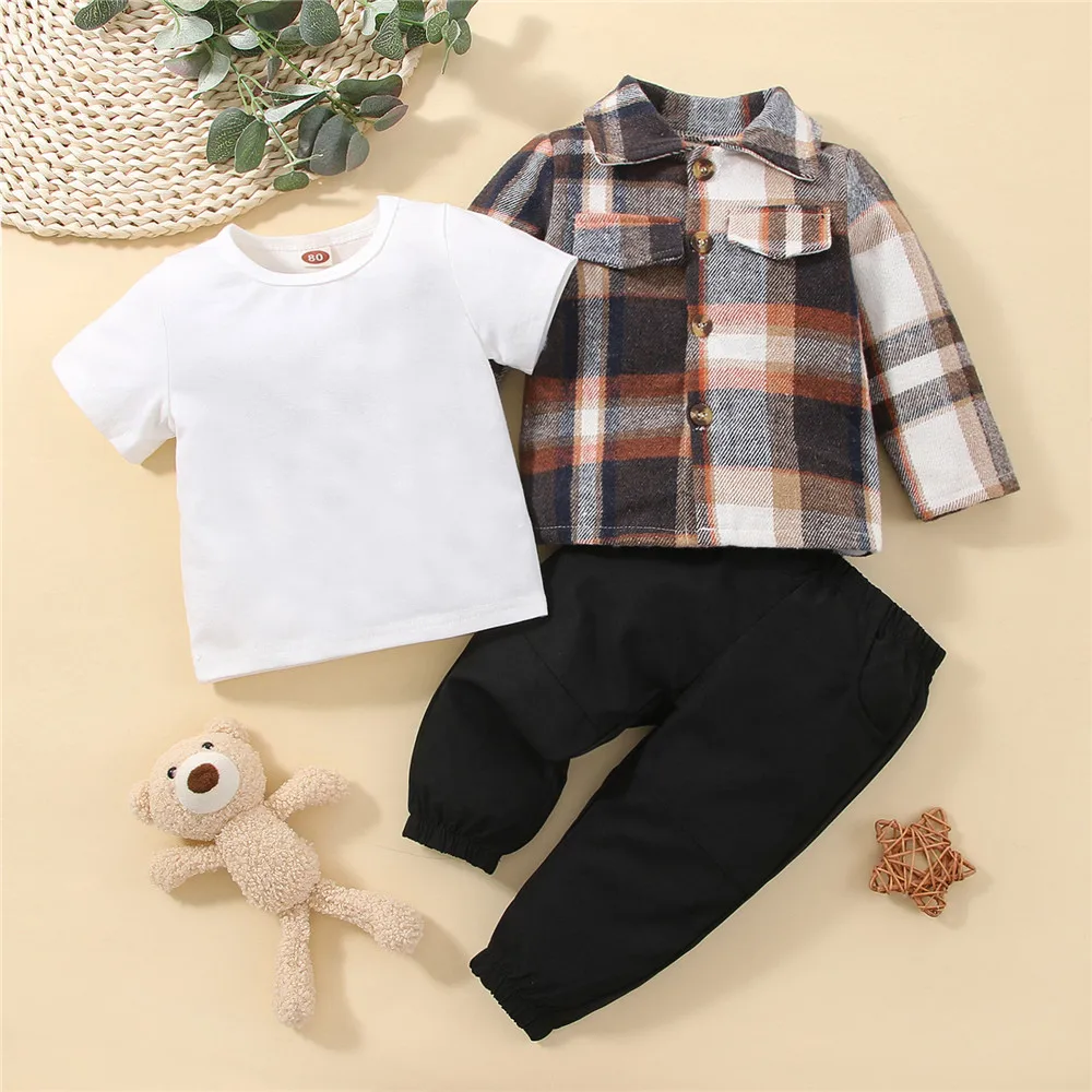 

Baby Boy Clothing Set Bodysuit For Newborns Check Shirt +T-shirt +Pants Casual Infant Romper Cotton Baby Clothes 3 Piece Suit