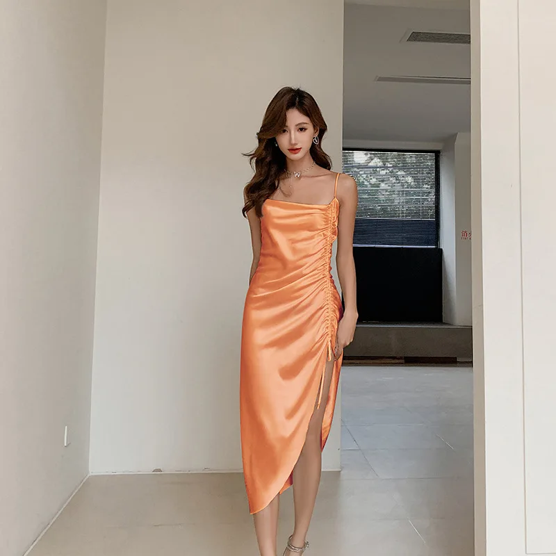 Ice Silk Nightgown Sleep Dress Solid Color Sleeveless Split Drawstring Sleep Dress Women Homewear Lounge Sexy Home Dress