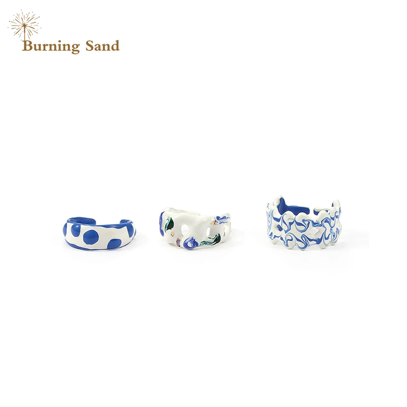 

Cool Style Personality Ink Painting Sense Handmade Oil Dripping White Blue Open Ring Female Ins Hand Jewelry for Girl's Gift