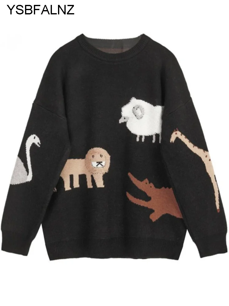 

Vintage Women Sweater Autumn Black Animal Pattern Korean Fashion Long Sleeves Knitted Baggy Casual Female Tops Pullover 2022