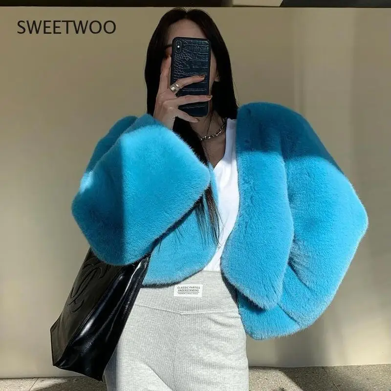 Temperament V Long Sleeve Blue Faux Fur Short Jacket Retro Sexy Slim Crop Cardigan Autumn Winter Clothes Black White Grey Korean