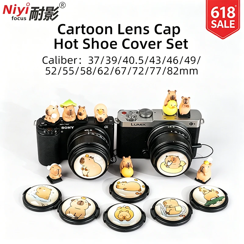 Фото Набор защитных колпачков для объектива с мультяшным дизайном и ремешком, универсальные пылезащитные заглушки для объективов 37-82 мм для Canon, Nikon, Sony, Fujifilm №1