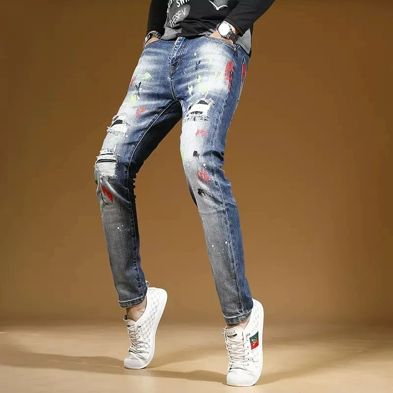 Autumn Blue Ripped Jeans Men Streetwear Graffiti Printed Slim Fit Straight Leg Pants Fashion Casual Patch Stretch Denim Trousers