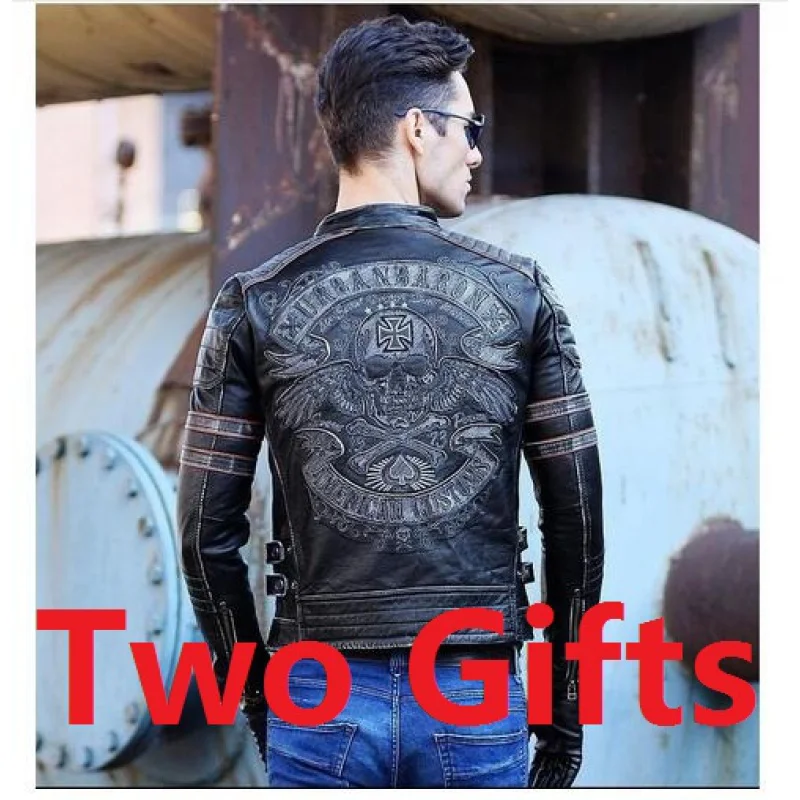 

Мужская байкерская куртка с черепом из натуральной кожи, Бесплатная доставка