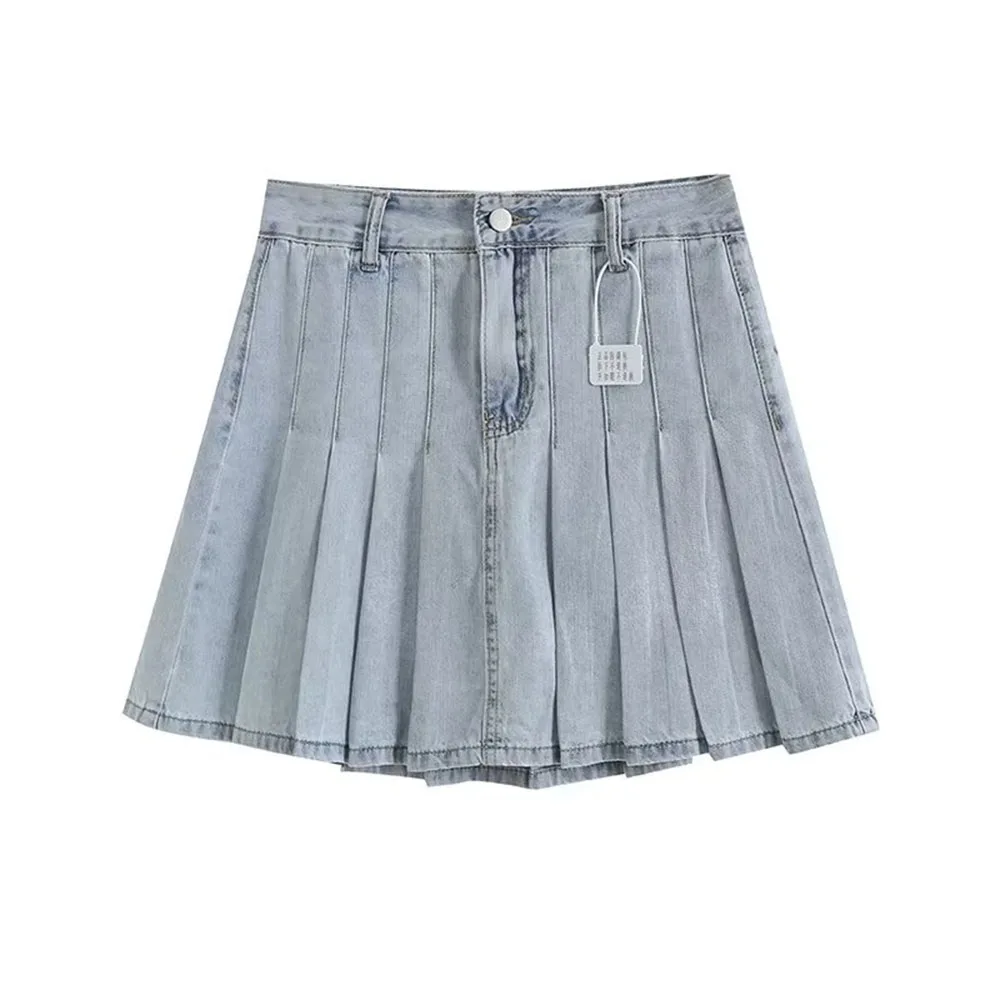 

PB&ZA Women 2023 Summer New Fashion Denim Wide Pleated Dress Vintage High Waist Unique Zipper Fit Short Skirt Mujer