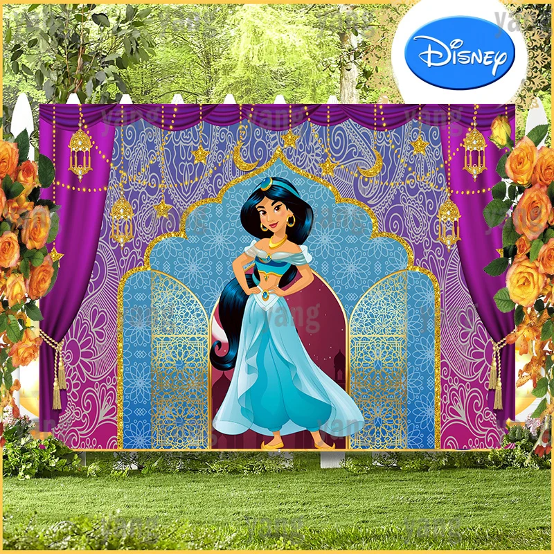 Disney Cartoon Aladdin Princess Jasmine Custom Birthday Party Decoration Colorful Lace Streamer Backdrop Photography Background