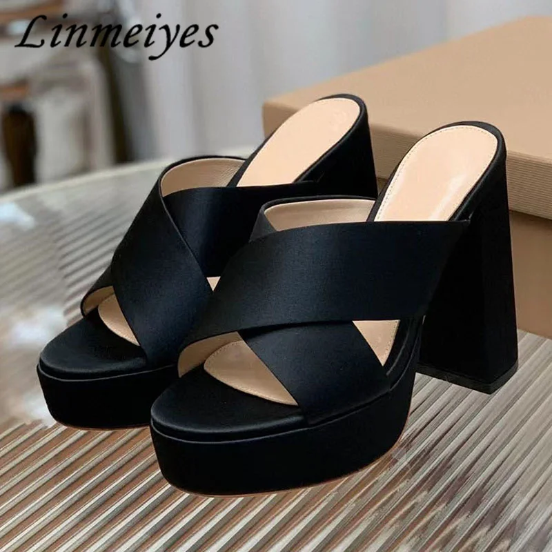 

Женские шлепанцы на платформе, квадратный каблук, атласная обувь, открытый носок, высокий каблук, летние Тапочки