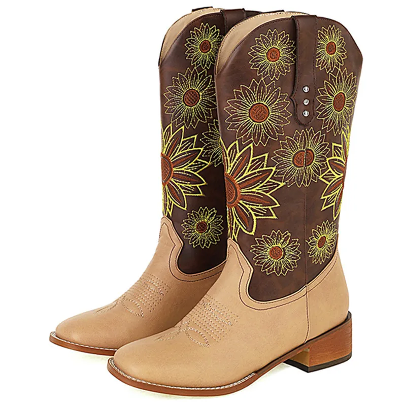 

Plus Size Ethnic Style Embroidery Flower Women's Western Boots Square Head Thick Heel Plush Inner Color Contrast Mid Calf Boots