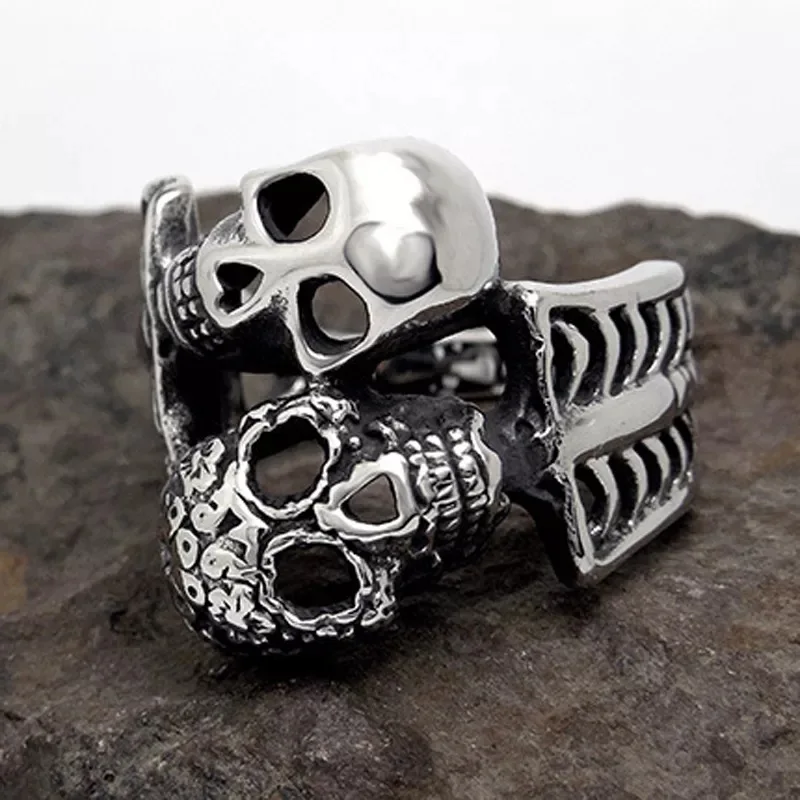

Double Head Retro Silver Skull Ring Vintage Titanium Steel Men's Personality Ring Bracelet