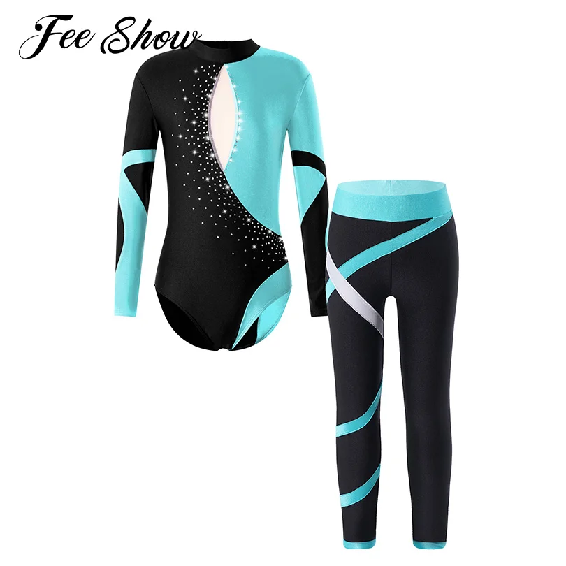 

Kids Girls Shiny Rhinestones Skating Dance Costumes Long Sleeve Ballet Leotards with Leggings for Sports Gymnastics Dancewear