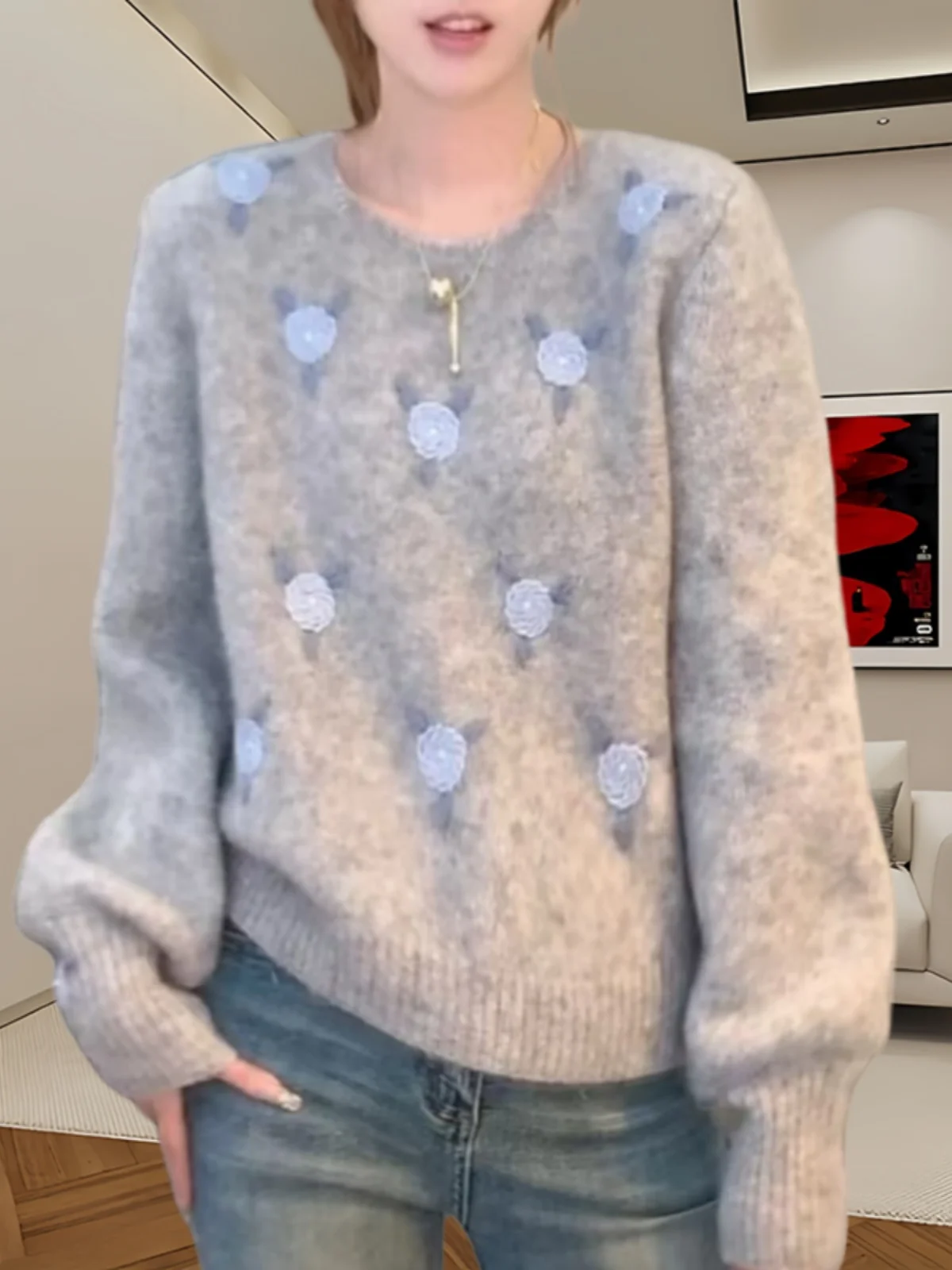 round Neck Long sleeve Knit Women Autumn and Winter New Idle Sle Small Flower Design Sense Top Versitile Fashion Age Reduci...