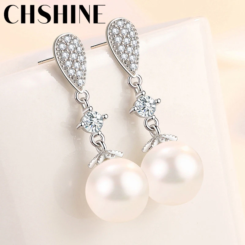 

CHSHINE 925 Sterling Silver Water Drop Zircon Natural Pearl Earrings For Women Wedding Party Gift Fashion Jewelry