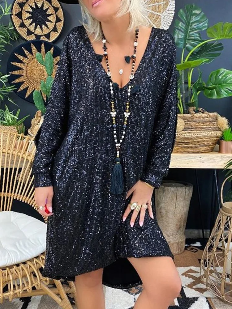 

Модное блестящее мини-платье с блестками, женское сексуальное свободное вечерние нее платье с V-образным вырезом и длинным рукавом, повседн...