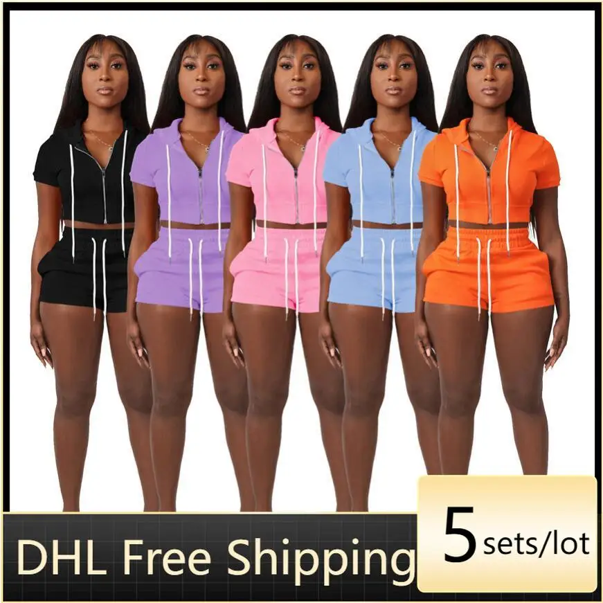 

PROWOW Summer Women's Tracksuit Wholesale Solid Zip Jacket Hooded Two-piece Shorts Set Fashion Outfits of Ladies Sport Wear 7244