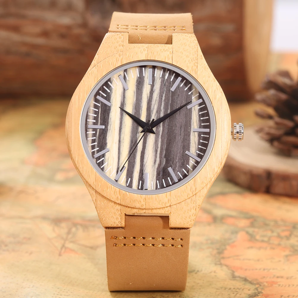 

Black and White Stripes Wooden Man Watch Brown Leather Strap Quartz Watches Fashion Luxury Clock Anniversary Gifts for Boyfriend