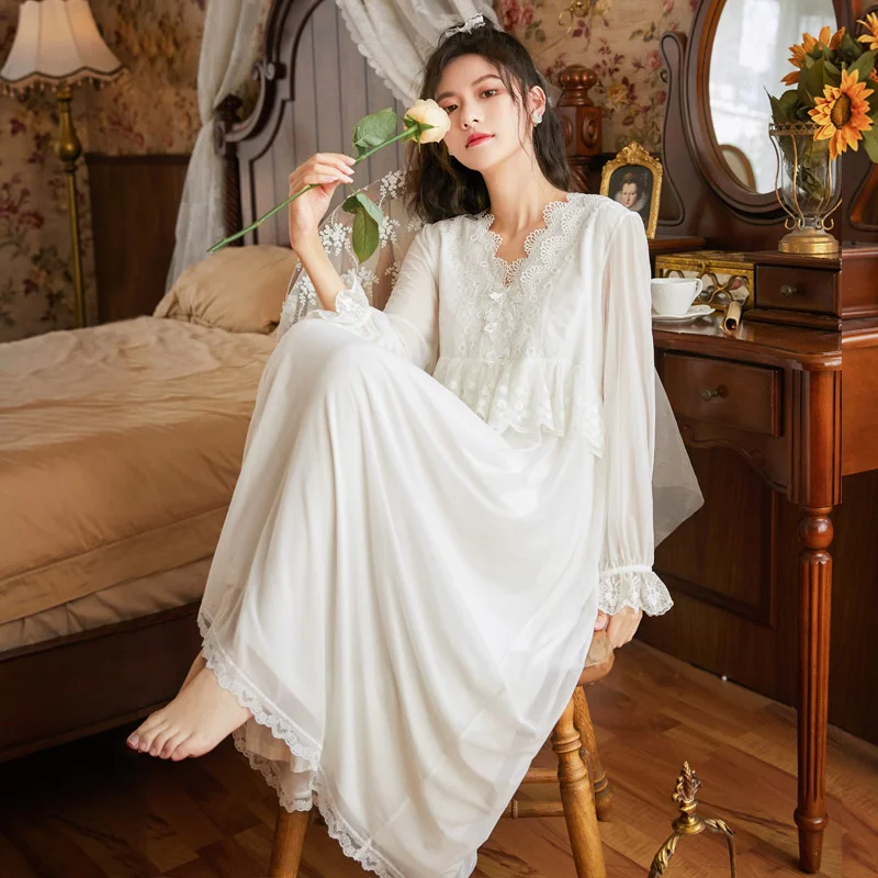 

Long sleeve modal nightdress women's Spring Court style mesh Princess embroidered lace household clothes can be worn outside