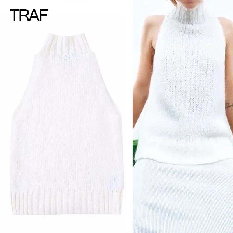

TRAF White Crop Top Female Sexy Off Shoulder Halter Top Women Party Streetwear Tops Backless Tops Women Fashion Knitted Sweater