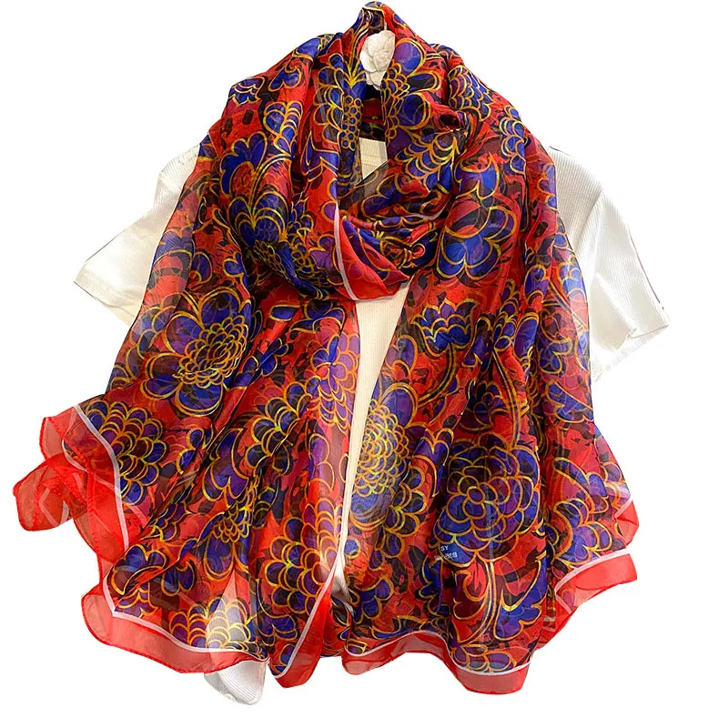 

2023 роскошный брендовый женский шелковый шарф с цветочным принтом, шаль, шарфы, платок, хиджаб, женские пляжные палантины, бандана