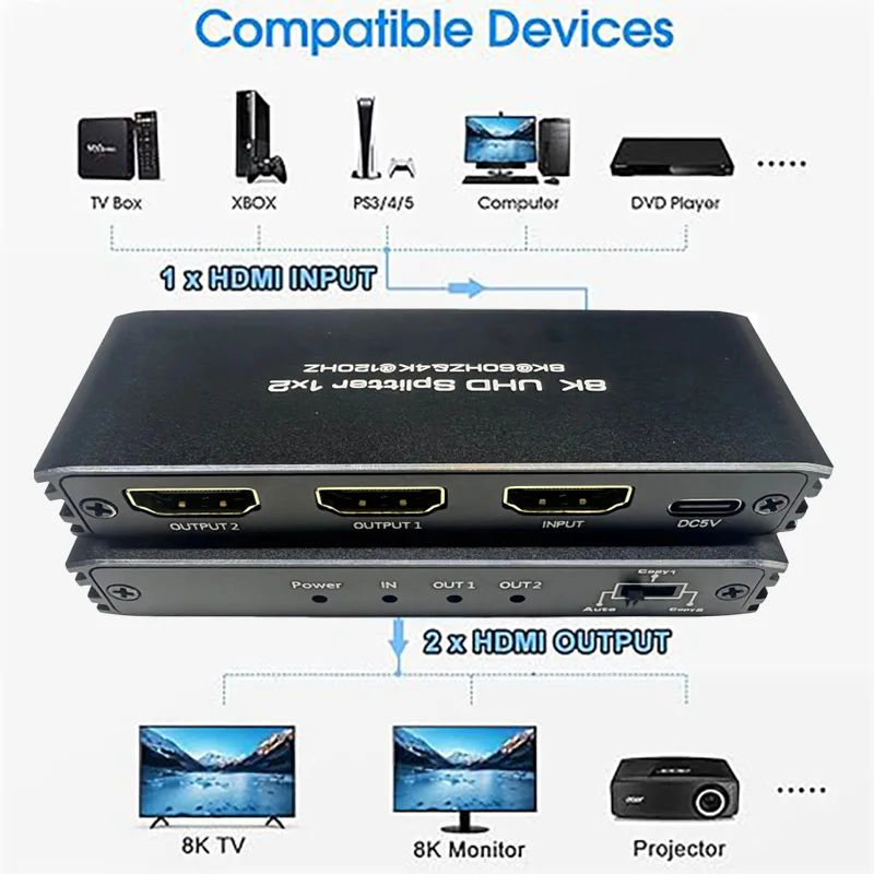 Фото Переключатель HDMI 8K при 60 Гц 2,1, разветвитель HDMI 1 в 2 выхода с Xbox Series HDCP2.3 Xbox PS4X Pro PS5 Roku ТВ-монитор-проектор №3