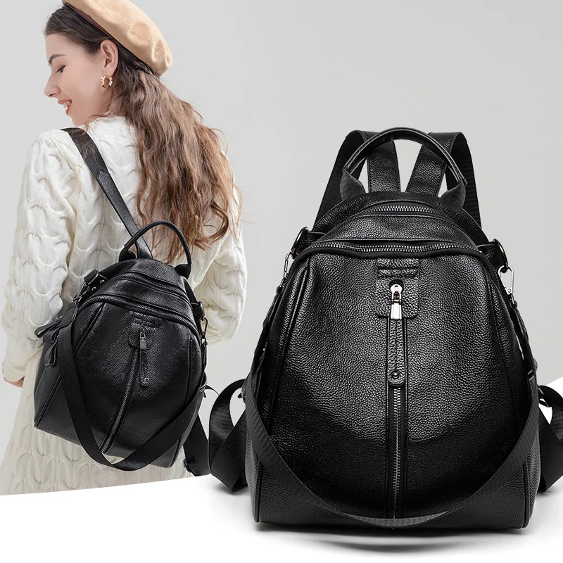 Black Backpack for Women Genuine Leather Cowhide Bagback Girl Commuter Bags Small Cute Travel Bag 2023 New 2023 Design Luxury