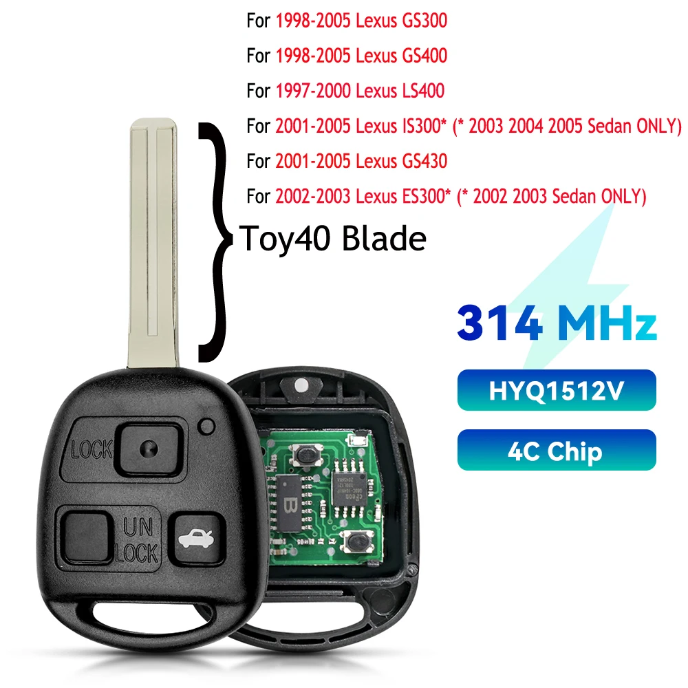 

KEYYOU для Lexus ES 250 GS SC 300 LS 400 LX 450 470 1989-2001 TOY40 3-кнопочный дистанционный ключ от автомобиля 315 МГц 4D67 4C чип FCC ID: HYQ1512V