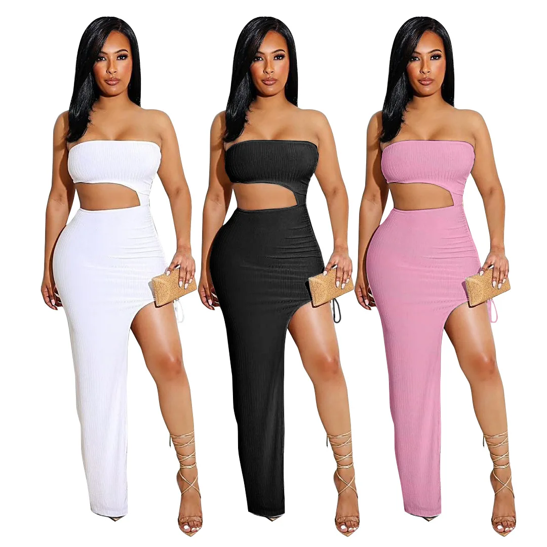

Solid Color Side High Split Long Party Dress for Women Off The Shoulder Strapless Formal Dress Elegant Waist Band Cut Out Dress