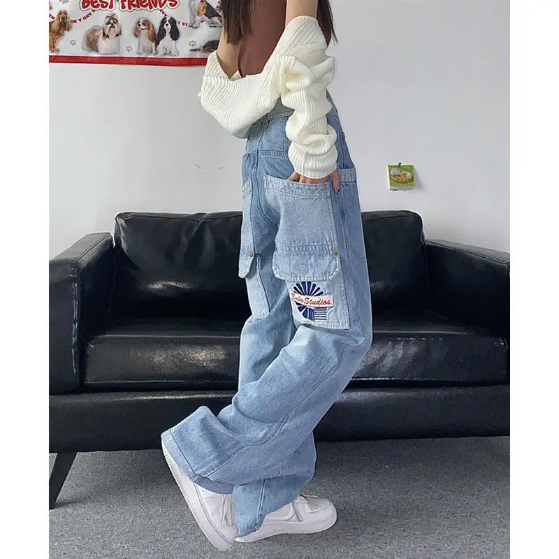 Streetwear Loose Men And Women Cargo Pants Straight Jeans Light Blue Hip Hop Straight Baggy Pants Simple Couple Denim Trousers