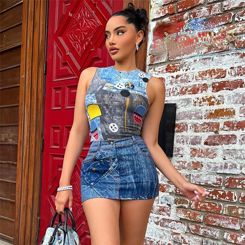 

European and American 2022 Summer Women's Clothing New Fashion 3D Denim Printing Sleeveless Slim Slimming Skirt Outfit