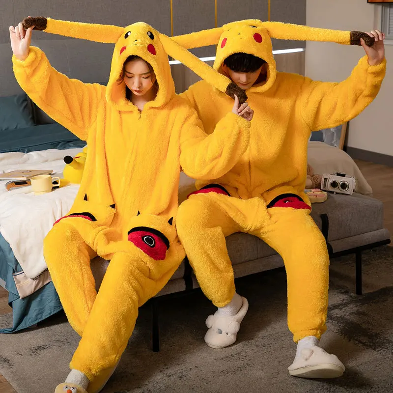 Adults Winter Fleece One-Piece Pajamas Sets Animal Kigurumi Pikachu Cartoon Onesies for Women Men Pyjama Anime Cosplay Costume