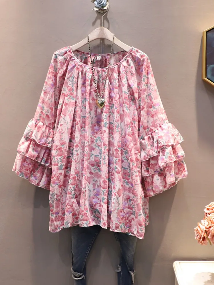 

Женская шифоновая рубашка URIOR, повседневный Свободный пуловер с рукавами-пузырьками и ароматизированными цветами, в винтажном стиле, лето 2023